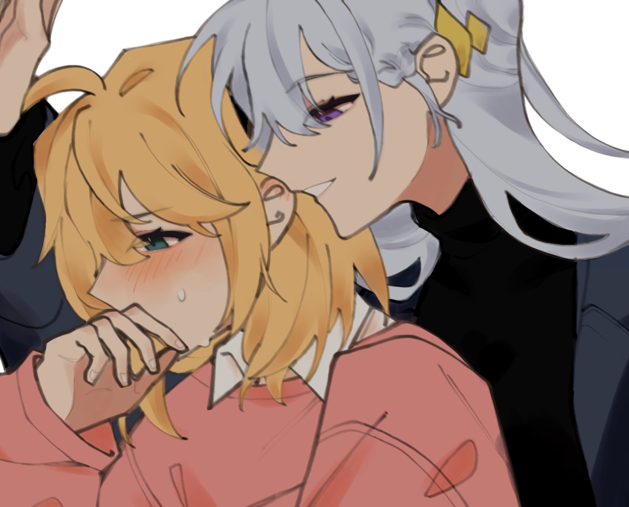 2girls, anisphia_wynn_palettia, aqua_eyes, black_shirt, blonde_hair, blush, coat, commentary_request
