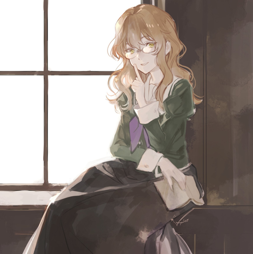 1girl, backlighting, black_skirt, blonde_hair, book, buttoned_cuffs, chibana_sumika, finger_to_mouth