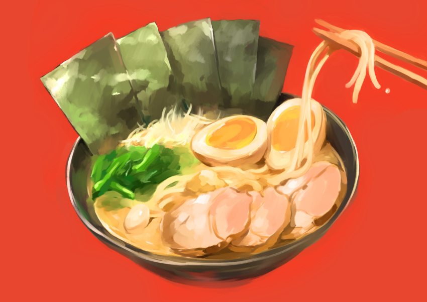 chopsticks, egg_(food), food, food_focus, hasegawa_(morebeer), highres, meat, no_humans, noodles, nori_(seaweed), original, ramen, red_background, simple_background, still_life