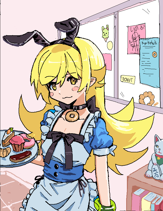 animal_ears, apron, black_choker, black_ribbon, blonde_hair, blush, cake, cake_slice