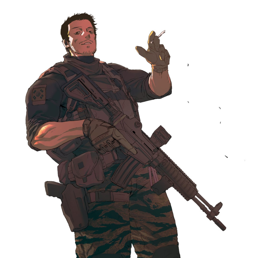 1boy, between_fingers, black_hair, black_shirt, brown_gloves, camouflage, camouflage_pants, cigarette