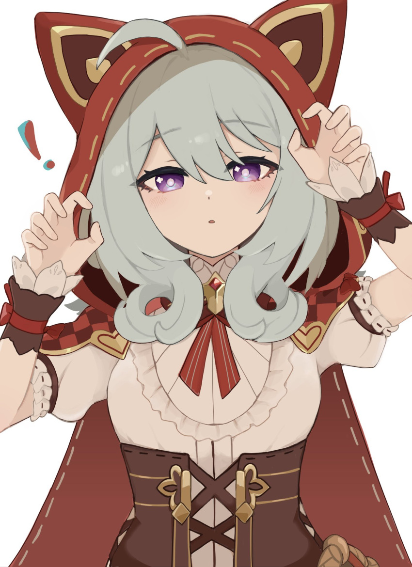 !, 1girl, ahoge, animal_ears, animal_hood, arm_up, awe_(adorableduckyy), cape, center_frills, commentary_request, fake_animal_ears, frills, grey_hair, griseo, hair_between_eyes, hand_up, highres, honkai_(series), honkai_impact_3rd, hood, hood_up, hooded_cape, looking_at_viewer, parted_lips, puffy_short_sleeves, puffy_sleeves, red_cape, ribbon-trimmed_cape, shirt, short_sleeves, simple_background, solo, upper_body, violet_eyes, white_background, white_shirt