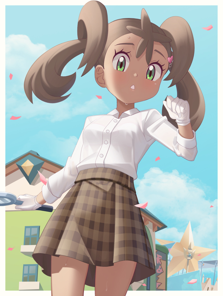 1girl, aircraft, border, brown_hair, brown_skirt, building, buttons, clouds