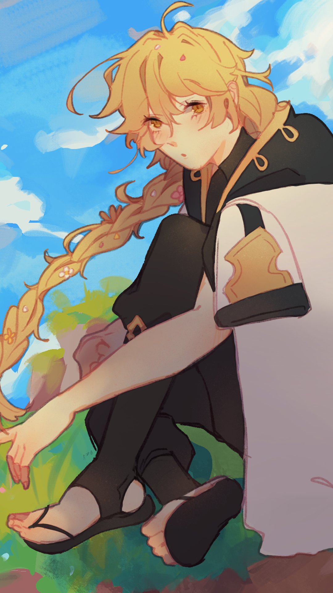 1boy, aether_(genshin_impact), albedo_(genshin_impact), albedo_(genshin_impact)_(cosplay), batsouppe, black_pants, black_shirt, blonde_hair, blue_sky, braid, clouds, cloudy_sky, coat, cosplay, flower, genshin_impact, hair_flower, hair_ornament, highres, long_hair, looking_at_viewer, male_focus, pants, sandals, shirt, short_sleeves, sitting, sky, solo, white_coat, yellow_eyes