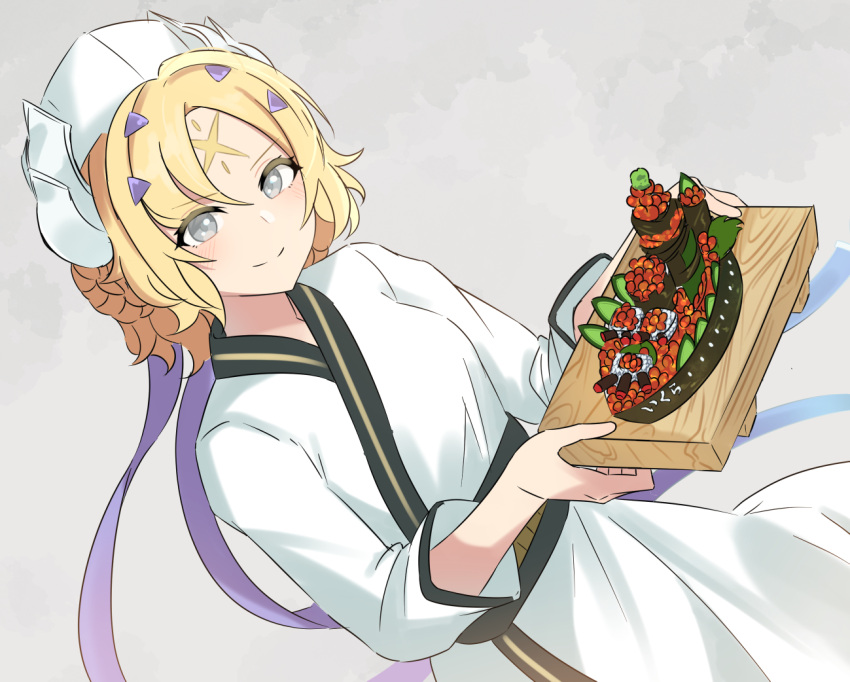 1girl, alternate_costume, blonde_hair, dogmatika_ecclesia_the_virtuous, duel_monster, ecclesia_(yu-gi-oh!), facial_mark, food