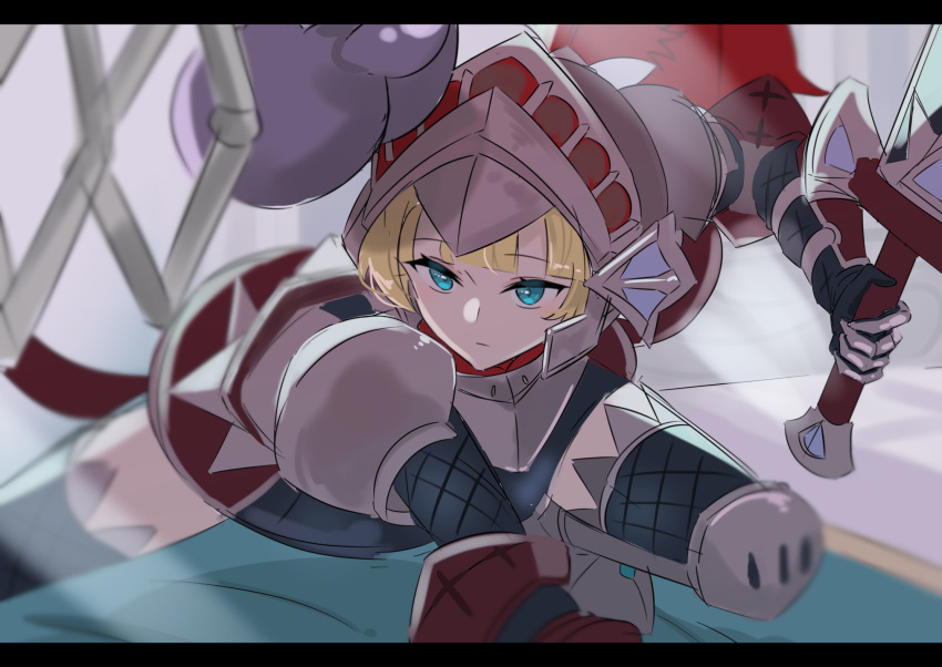 1girl, armor, blonde_hair, blue_eyes, duel_monster, expressionless, gauntlets, heichi