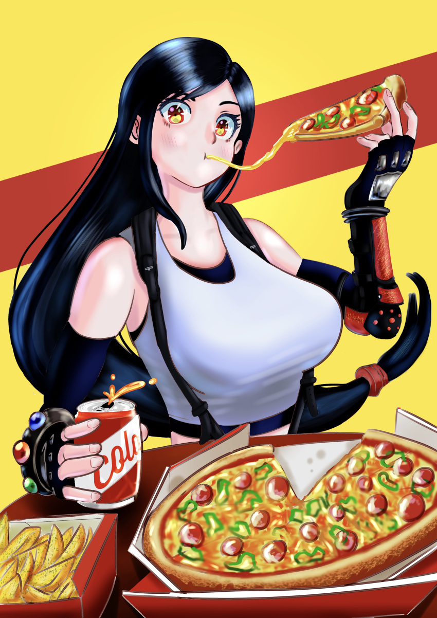 1girl, absurdres, black_gloves, blush, bossketeo, can, cheese, cheese_trail