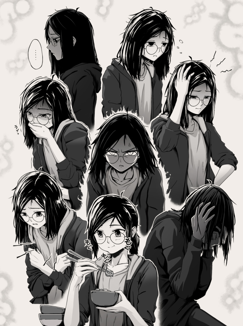 1girl, anger_vein, angry, artist_self-insert, bags_under_eyes, bowl, chopsticks, cold