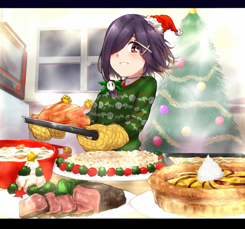 1girl, black_hair, blush, character_request, christmas_tree, food, green_sweater, hair_over_one_eye, highres, indoors, kekewan, looking_at_viewer, meat, medium_hair, oven_mitts, parted_lips, pie, plate, red_eyes, smile, solo, star_(symbol), sweater, turkey_(food), window, yu-gi-oh!, yu-gi-oh!_tag_force