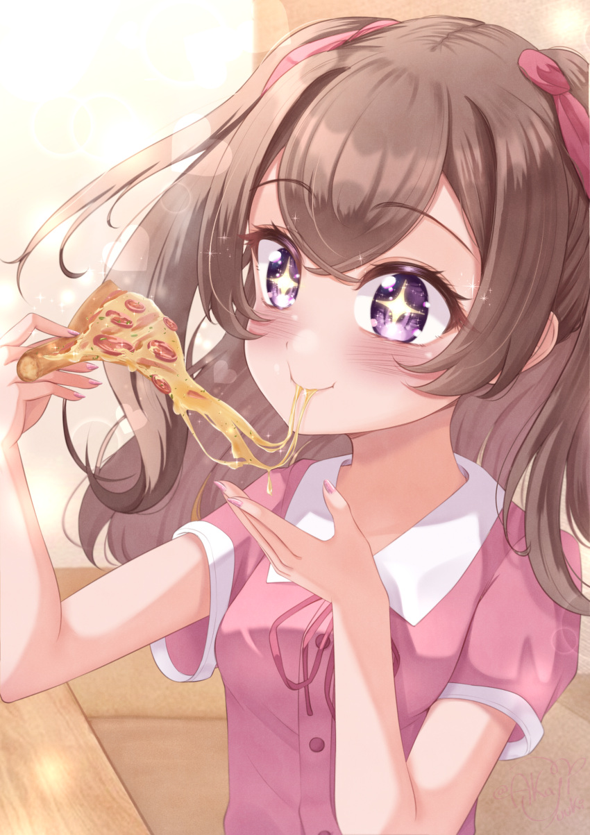 1girl, absurdres, akajiyuuki, brown_hair, cheese_trail, delicious_party_precure, eating, food