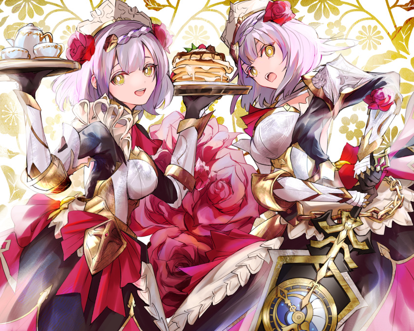 2girls, absurdres, chain, cowboy_shot, cup, flower, genshin_impact, highres