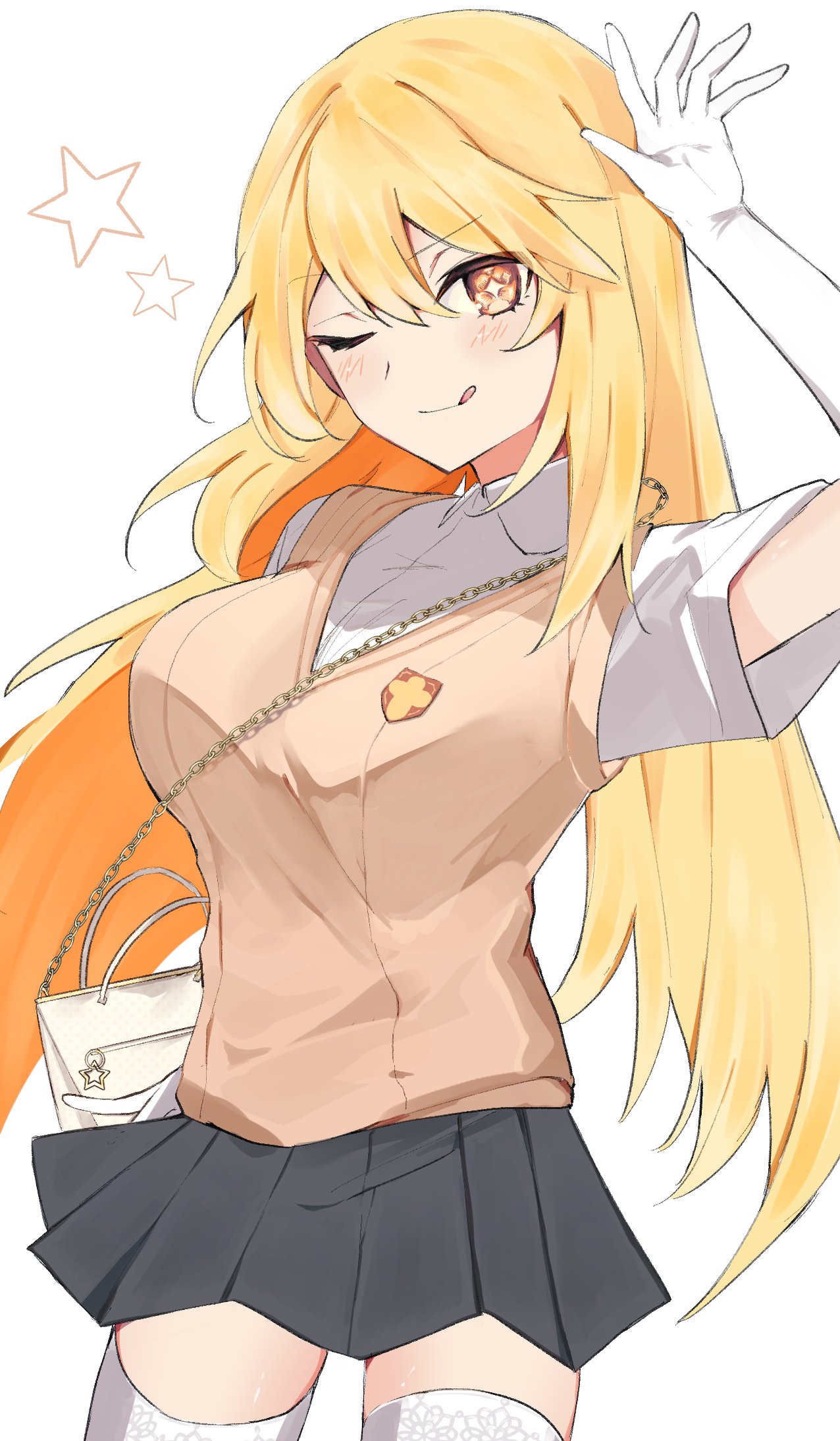 1girl, ;p, arm_up, bag, black_skirt, blonde_hair, breasts, brown_sweater_vest, collared_shirt, elbow_gloves, gloves, hair_between_eyes, handbag, haru_(eharuru_32), highres, large_breasts, long_hair, looking_at_viewer, one_eye_closed, pleated_skirt, school_emblem, school_uniform, shirt, shokuhou_misaki, short_hair, skirt, smile, solo, spider_web_print, star-shaped_pupils, star_(symbol), summer_uniform, sweater_vest, symbol-shaped_pupils, thigh-highs, toaru_kagaku_no_mental_out, toaru_kagaku_no_railgun, toaru_majutsu_no_index, tokiwadai_school_uniform, tongue, tongue_out, white_background, white_gloves, white_shirt, white_thighhighs, yellow_eyes