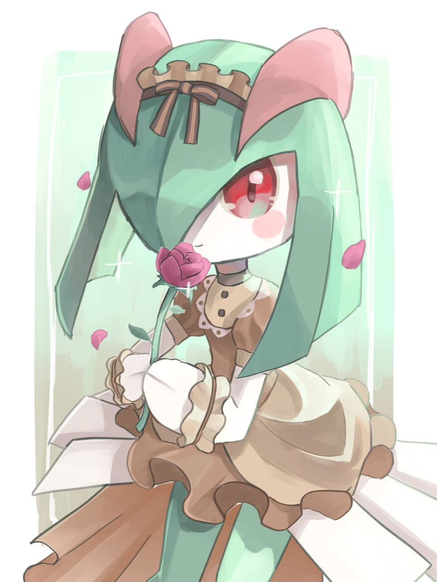 1girl, absurdres, blush, blush_stickers, border, brown_dress, brown_hairband, closed_mouth