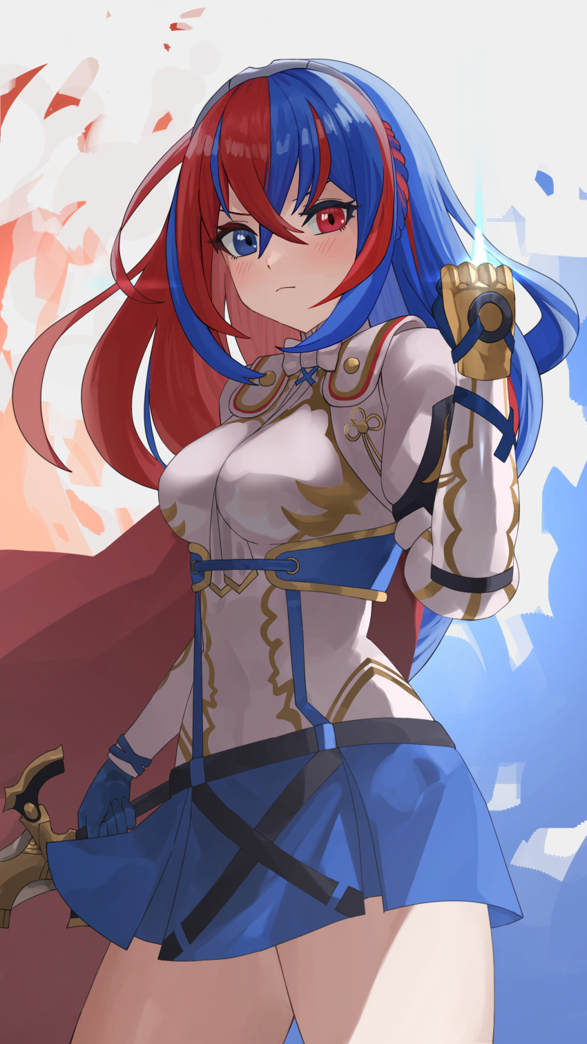 1girl, absurdres, alear_(female)_(fire_emblem), alear_(fire_emblem), blue_eyes, blue_hair, braid, breasts, commentary, crossed_bangs, crown_braid, emblem_ring, fire_emblem, fire_emblem_engage, heterochromia, highres, long_hair, looking_at_viewer, medium_breasts, multicolored_hair, pearlbbbb, red_eyes, redhead, revision, smile, solo, split-color_hair, thighs, two-tone_hair