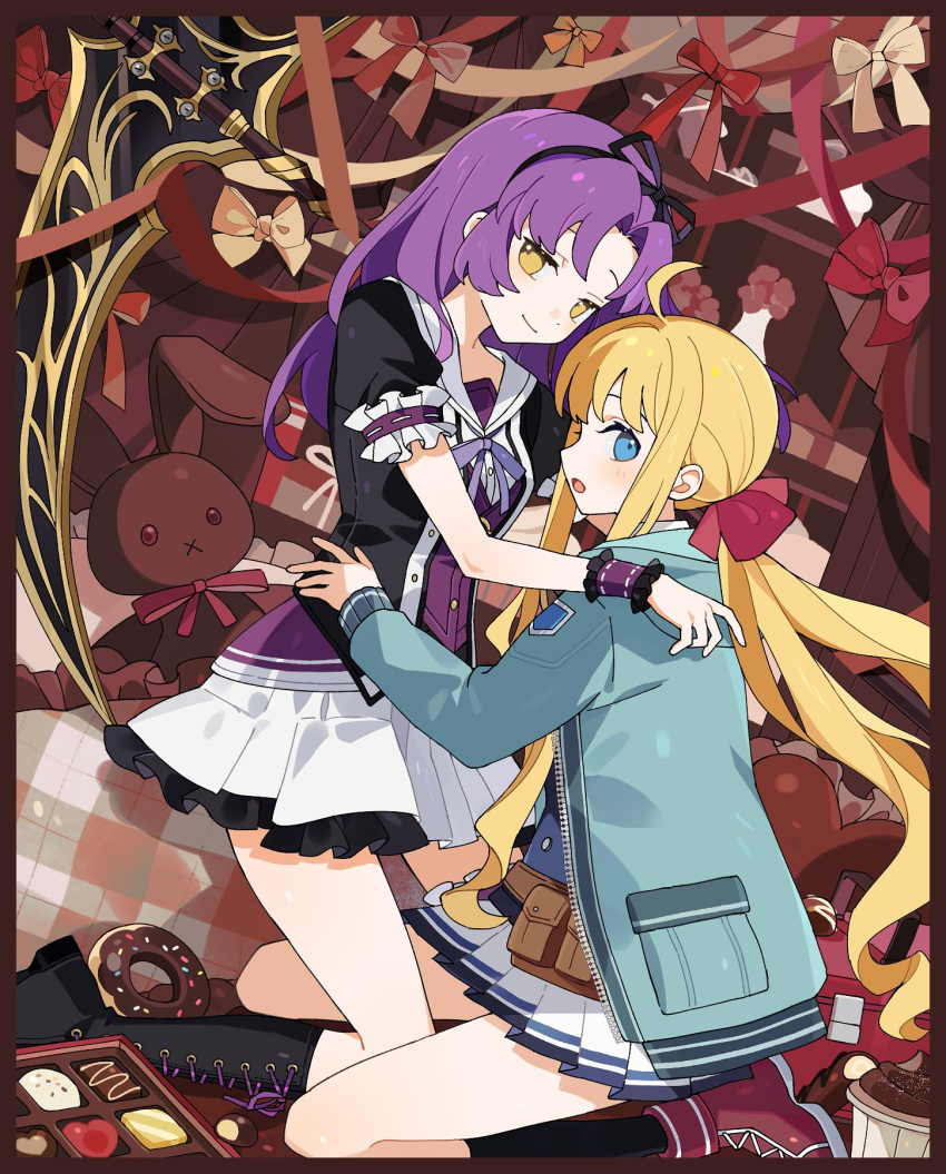 2girls, ahoge, blonde_hair, blue_eyes, bow, chocolate, coat, dress