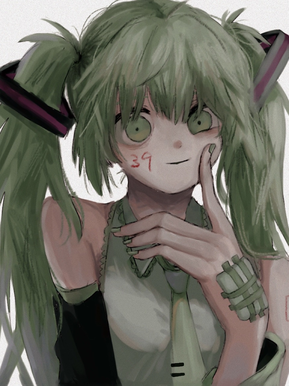 1girl, bags_under_eyes, bandaid, bandaid_on_hand, bare_shoulders, black_sleeves, collared_shirt, detached_sleeves, dot_nose, facing_viewer, finger_to_cheek, finger_to_own_chin, fingernails, frilled_shirt, frilled_shirt_collar, frills, gauze, green_eyes, green_hair, green_nails, green_necktie, hair_between_eyes, hair_ornament, hand_up, hatsune_miku, highres, light_smile, long_hair, looking_at_viewer, messy_hair, miku_day, muted_color, nail_polish, necktie, nemui_(nr4jk), number_tattoo, open_mouth, shirt, shoulder_tattoo, simple_background, sleeveless, sleeveless_shirt, smile, solo, tattoo, tie_clip, twintails, upper_body, vocaloid, white_background