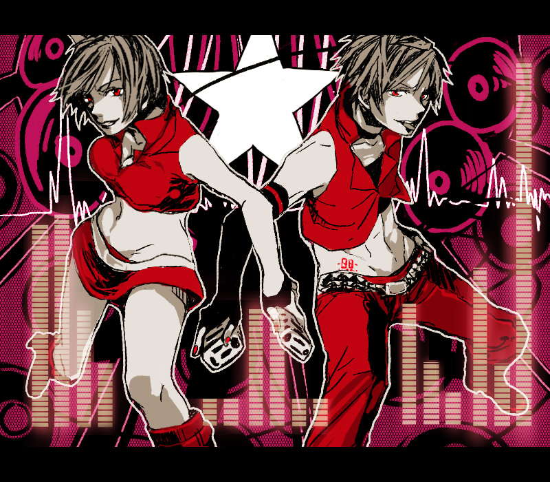 1girl, couple, genderswap, male, meiko, meito, music, red, red_eyes, short_hair, skirt, star, vocaloid, yoneda_(kadowakashi)