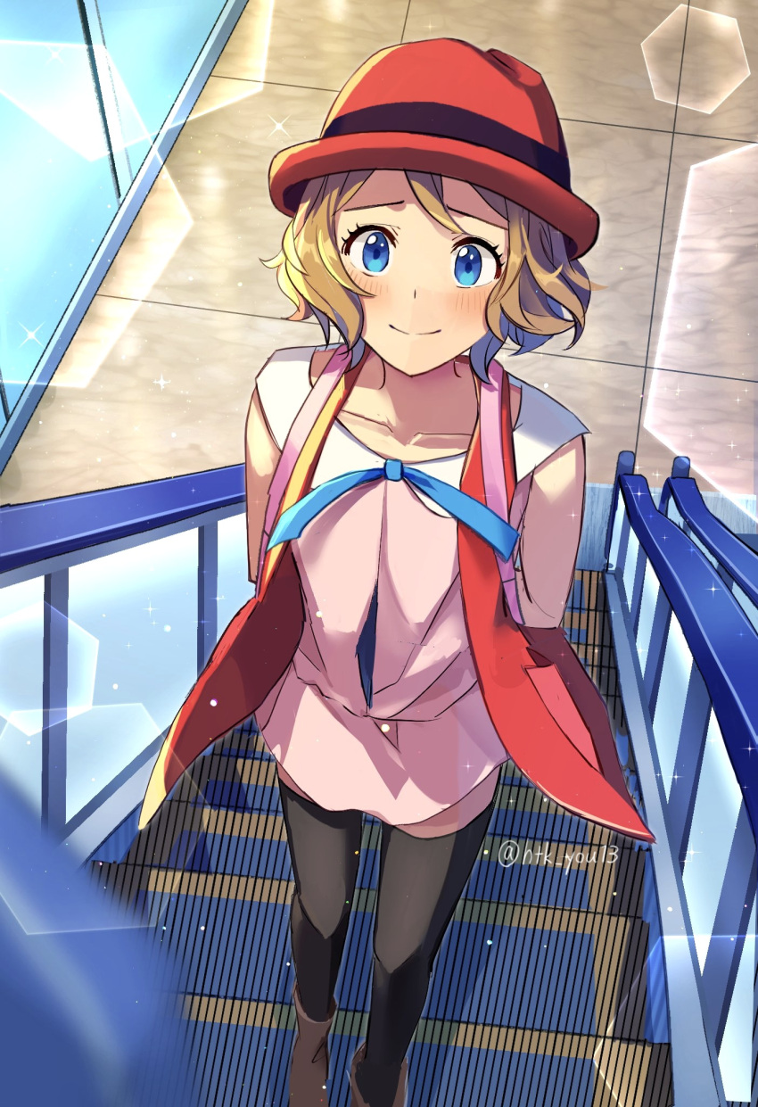 1girl, arms_behind_back, blonde_hair, blue_eyes, blue_ribbon, blush, boots, brown_footwear, closed_mouth, collarbone, commentary, dress, escalator, eyelashes, hat, highres, htk_you13, indoors, looking_up, neck_ribbon, pink_dress, pokemon, pokemon_(anime), pokemon_xy_(anime), raised_eyebrows, red_headwear, ribbon, serena_(pokemon), short_hair, smile, standing, thigh-highs, watermark