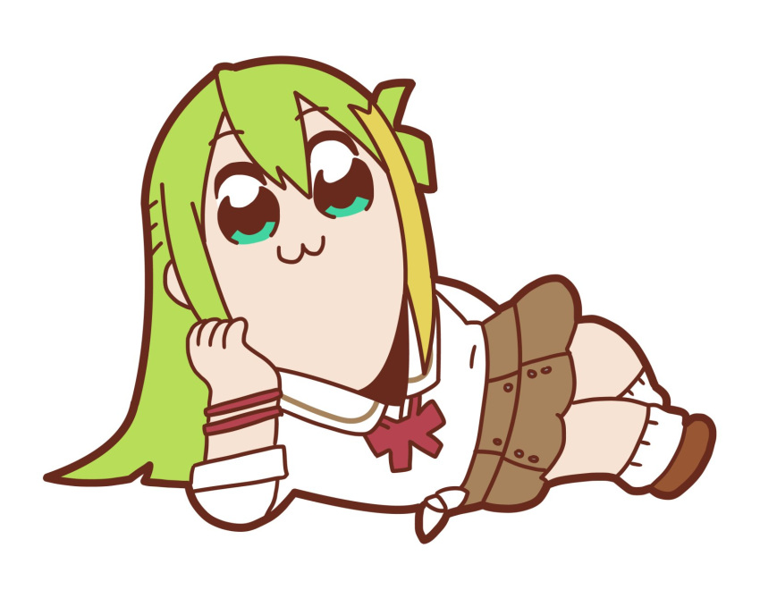 1girl, :3, alina_gray, aoirocombo, aqua_eyes, bkub_(style), blonde_hair, blunt_ends, bow, bowtie, brown_footwear, brown_skirt, full_body, green_hair, hair_between_eyes, highres, looking_at_viewer, lying, magia_record:_mahou_shoujo_madoka_magica_gaiden, mahou_shoujo_madoka_magica, multicolored_hair, on_side, red_bow, red_bowtie, red_wristband, sakae_general_school_uniform, school_uniform, shirt, side-tie_shirt, simple_background, skirt, socks, solo, straight_hair, streaked_hair, white_background, white_shirt, white_socks, wristband