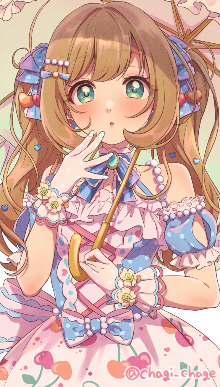 1girl, ahoge, arm_guards, bare_shoulders, blue_ribbon, blush, breasts, brooch, chagi_chage, cherry_print, choker, collarbone, dot_nose, dress, food_print, frilled_dress, frills, green_eyes, hair_ornament, hair_ribbon, hairclip, hand_to_own_mouth, heart, heart_hair_ornament, highres, holding, holding_umbrella, idolmaster, idolmaster_cinderella_girls, idolmaster_cinderella_girls_starlight_stage, jewelry, large_breasts, long_hair, looking_at_viewer, open_mouth, parted_lips, polka_dot, ribbon, sato_shin, scrunchie, solo, twintails, twitter_username, umbrella, white_background, white_choker, white_dress
