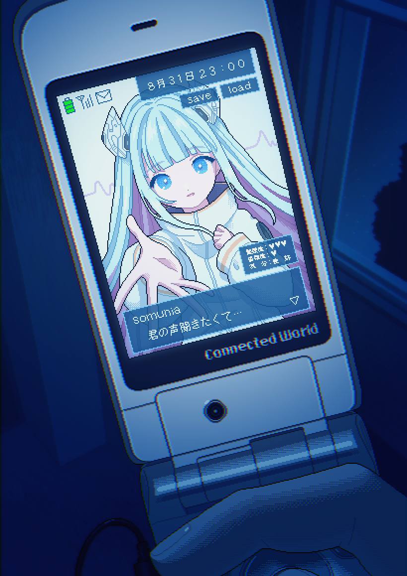 1girl, blue_eyes, blue_hair, blunt_bangs, cellphone, colored_inner_hair, dated, flip_phone, headset, high_collar, holding, holding_phone, light_blue_hair, long_hair, looking_at_viewer, multicolored_hair, narume, outstretched_arm, outstretched_hand, parted_lips, phone, phone_screen, pixel_art, pov, pov_hands, sidelocks, somunia, somunia_room, upper_body, virtual_youtuber, visual_novel