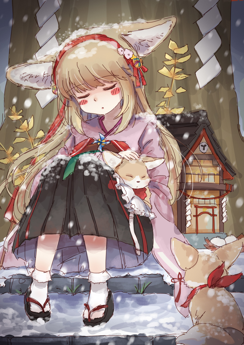 1girl, :o, absurdres, animal_ears, animal_on_lap, arknights, black_hakama, blonde_hair