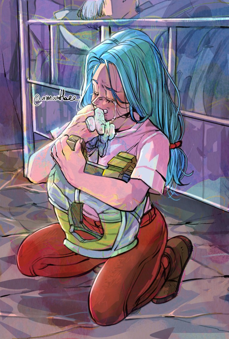 1boy, 1girl, amartbee, armor, bed, blue_hair, broken_armor, bulma
