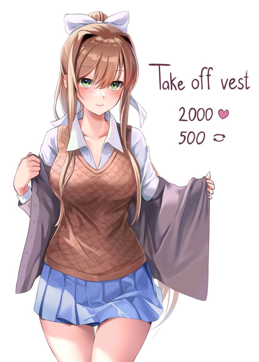 1girl, blazer, blue_skirt, blush, bow, breasts, brown_hair, brown_sweater