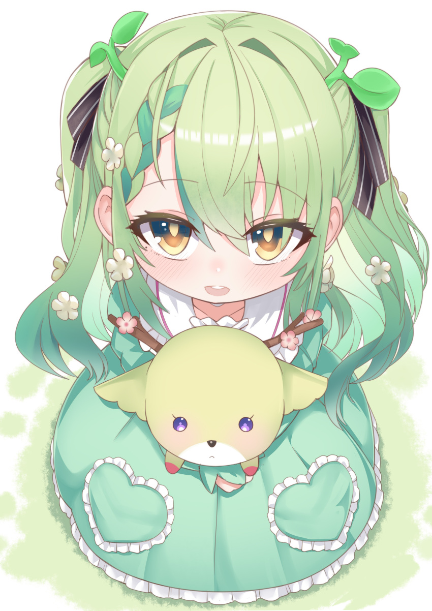 1girl, absurdres, aged_down, blush, braid, braided_bangs, branch, breasts, ceres_fauna, dress, flower, frilled_dress, frills, green_hair, hair_flower, hair_ornament, highres, holding, hololive, hololive_english, long_hair, looking_at_viewer, mole, mole_under_eye, multicolored_hair, nemu_(ceres_fauna), senbon_tsuki, smile, solo, teeth, upper_teeth_only, virtual_youtuber, white_background, yellow_eyes