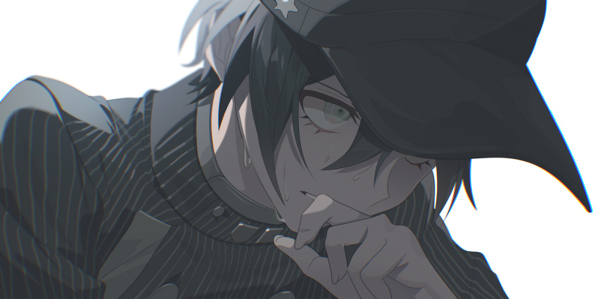 1boy, biting, black_hair, black_headwear, brown_eyes, danganronpa_(series), danganronpa_v3:_killing_harmony, finger_biting