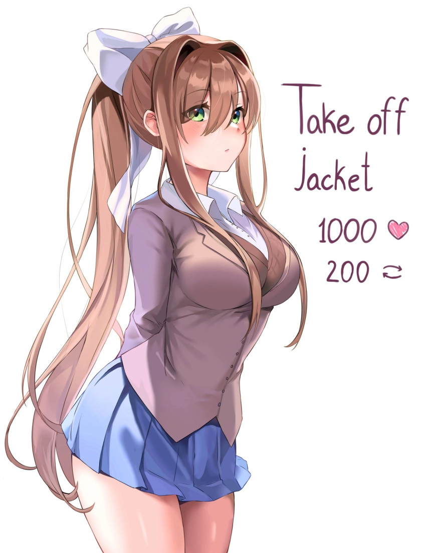 arms_behind_back, blue_skirt, blush, bow, breasts, brown_hair, brown_jacket, doki_doki_literature_club