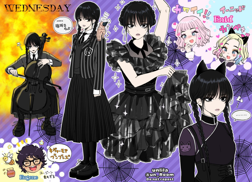 1boy, 3girls, addams_family, animal_ears, bee, black_dress, black_eyes, black_eyeshadow