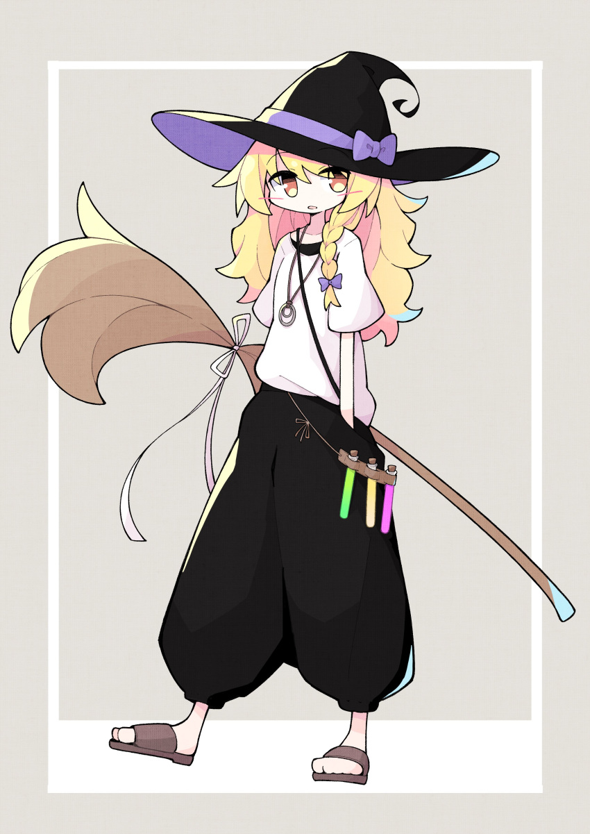 1girl, absurdres, alternate_costume, asameshi, baggy_pants, black_headwear, black_pants, blonde_hair