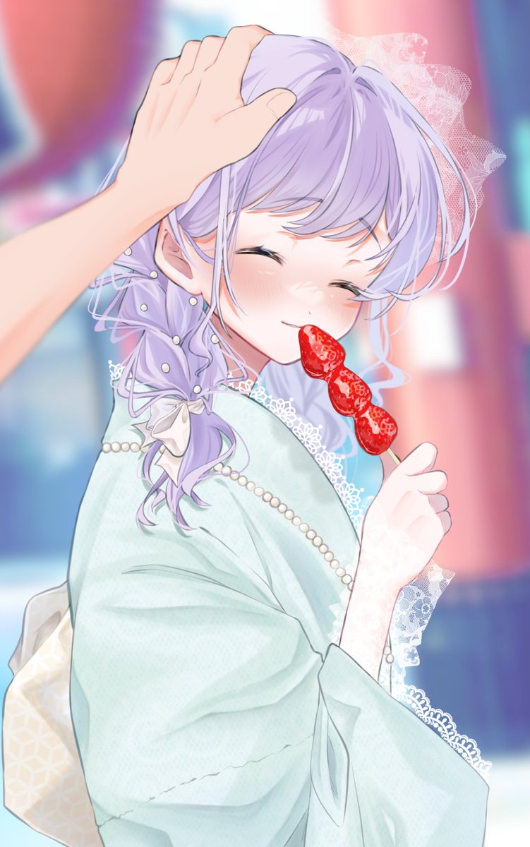 1girl, aqua_kimono, blurry, blurry_background, blush, braid, covered_mouth, food