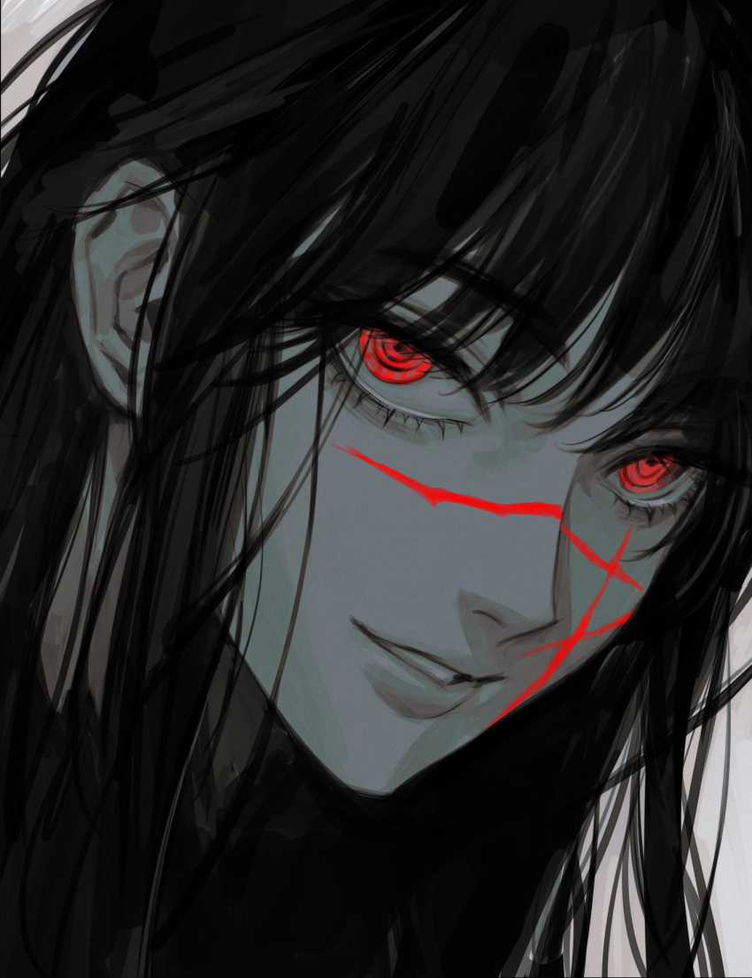1girl, @_@, black_hair, chainsaw_man, cross_scar, eyelashes, greyscale, highres, leedare614, long_hair, looking_at_viewer, monochrome, parted_lips, portrait, red_eyes, scar, scar_on_cheek, scar_on_face, simple_background, smile, solo, yoru_(chainsaw_man)