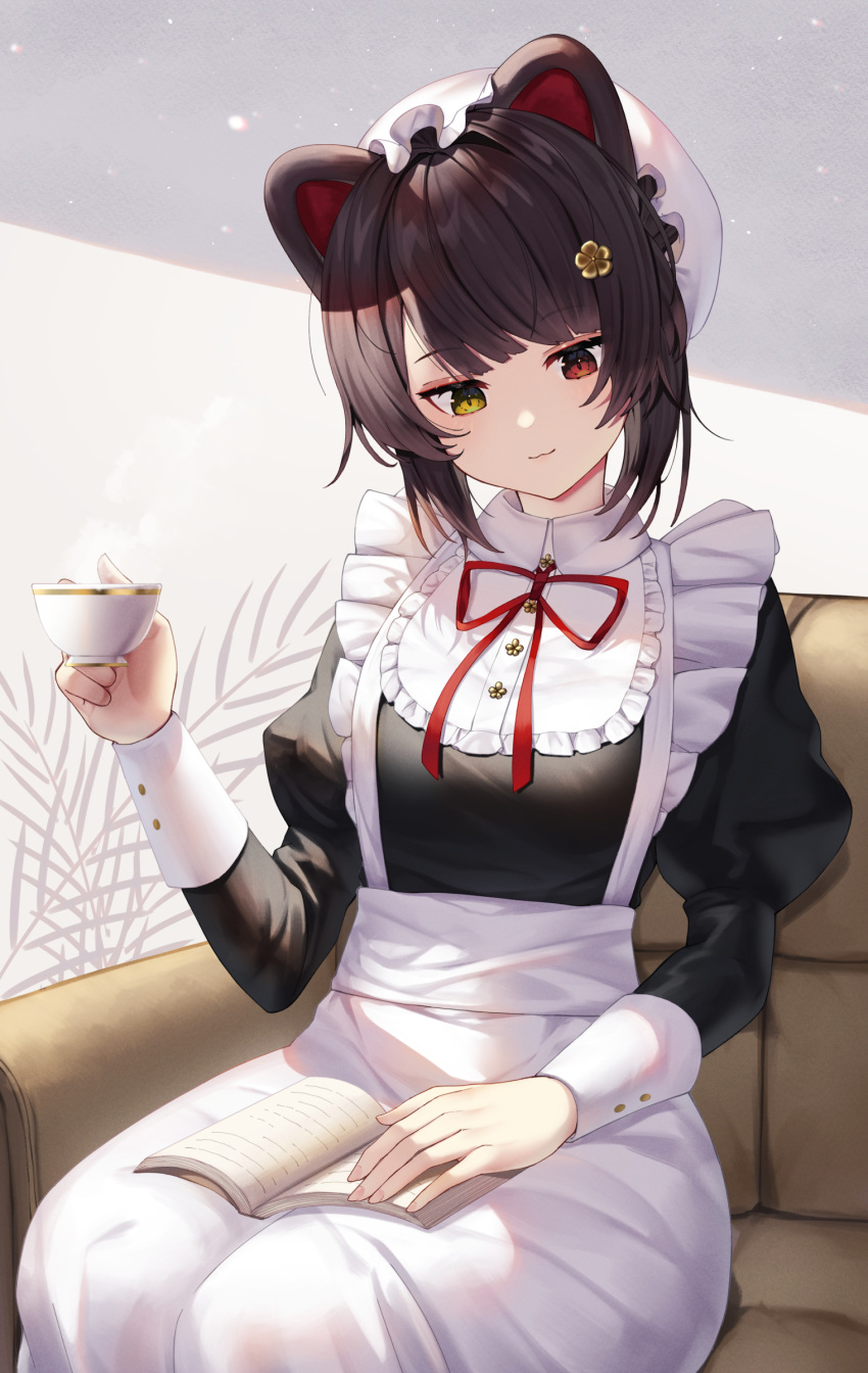 1girl, :3, absurdres, alternate_costume, animal_ears, apron, black_dress, blush, book, brown_hair, cup, dog_ears, dog_girl, dress, enmaided, flower, frilled_dress, frills, hair_flower, hair_ornament, heterochromia, highres, holding, holding_cup, inui_toko, maid, maid_apron, maid_headdress, nijisanji, puffy_sleeves, reading, red_eyes, shioneko_(0202), short_hair, solo, virtual_youtuber, white_apron, wrist_cuffs, yellow_eyes