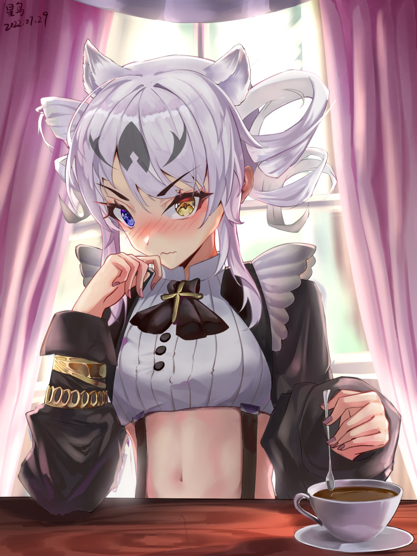 1girl, animal_ears, blue_eyes, blush, breasts, closed_mouth, cup, dated