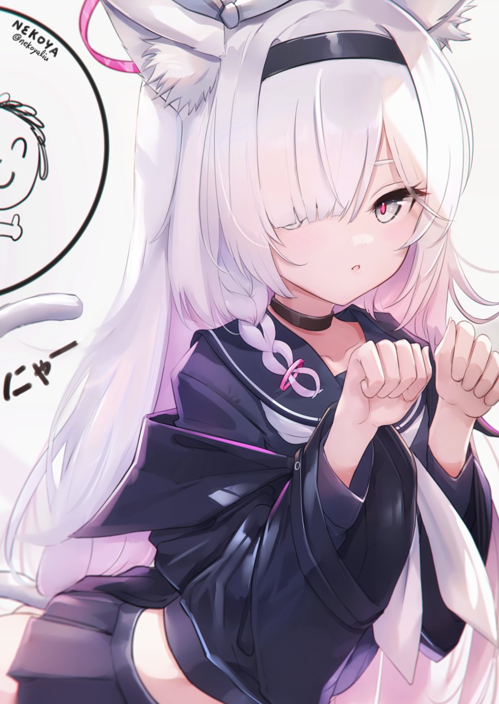 1girl, animal_ear_fluff, animal_ears, arona's_sensei_doodle_(blue_archive), artist_name, black_choker, black_coat, black_eyes