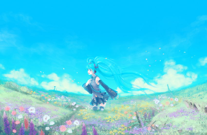 blue_eyes, blue_hair, cloud, clouds, com_kom, detached_sleeves, flower, flower_field, hand_on_chest, hand_on_own_chest, hatsune_miku, long_hair, necktie, open_mouth, petals, poppy_(flower), salvia, singing, skirt, sky, solo, standing, thigh-highs, thighhighs, torn_clothes, twintails, very_long_hair, vocaloid, wind