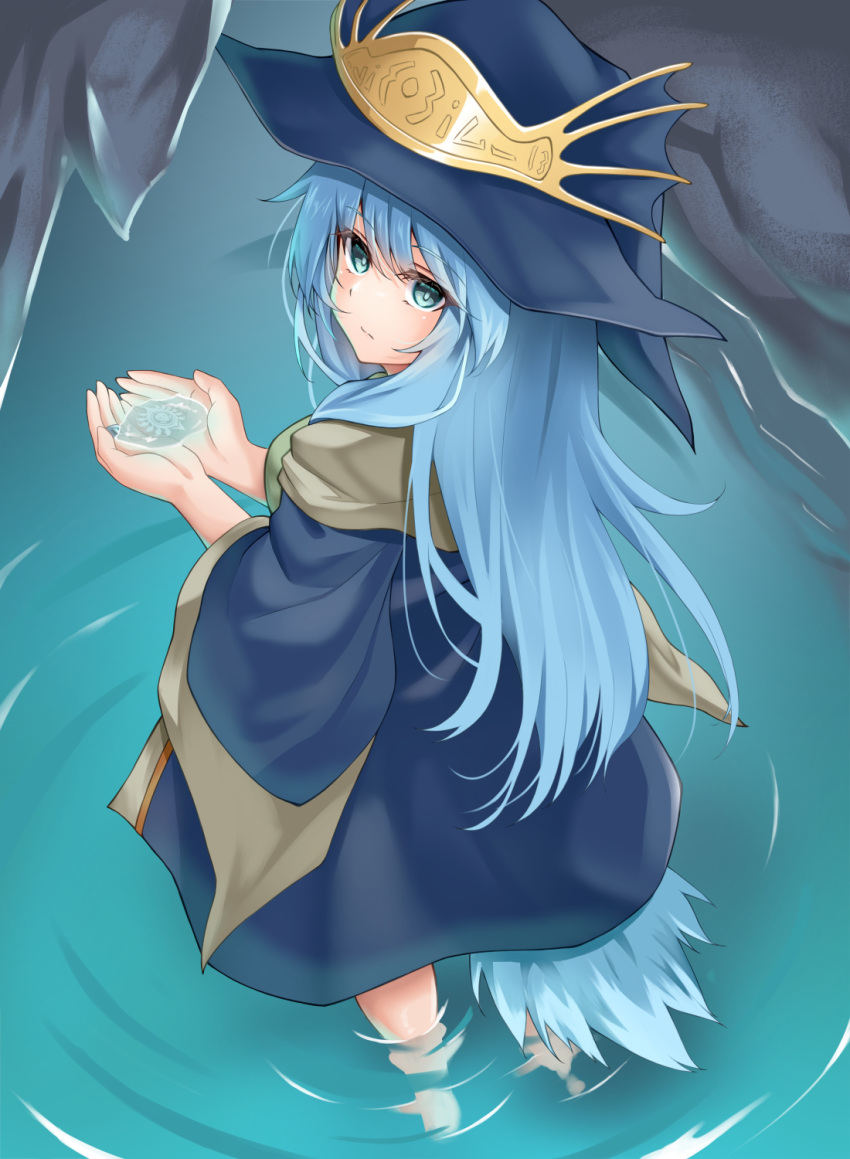1girl, ariel_(yu-gi-oh!), blue_eyes, blue_hair, cupping_hands, duel_monster, gishki_ariel, hat, highres, holding_water, long_hair, long_sleeves, looking_at_viewer, nobea, own_hands_together, pom_pom_(clothes), robe, solo, stalactite, wading, wide_sleeves, witch_hat, yu-gi-oh!