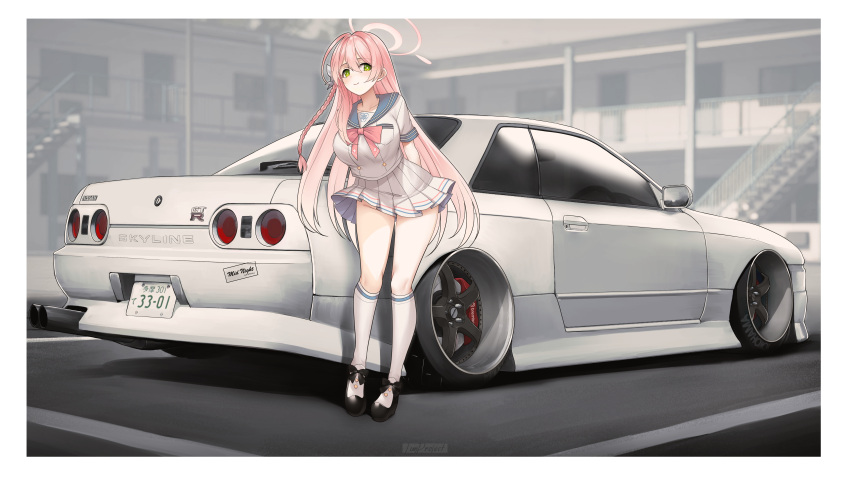 1girl, absurdres, blue_archive, bow, bowtie, braid, breasts, car