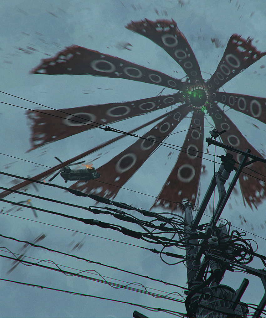 131_nngo, aircraft, cable, commentary, eldritch_abomination, extra_eyes, from_below, grey_sky, helicopter, highres, horror_(theme), monster, motion_blur, no_humans, original, outdoors, power_lines, symbol-only_commentary, teeth, utility_pole
