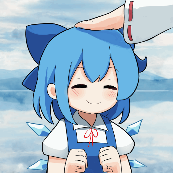 2girls, animated, animated_gif, blue_bow, blue_hair, bow, cirno, closed_eyes, closed_mouth, ferdy's_lab, hair_bow, hakurei_reimu, headpat, ice, ice_wings, looping_animation, multiple_girls, outdoors, short_hair, short_sleeves, smile, solo_focus, touhou, upper_body, wings