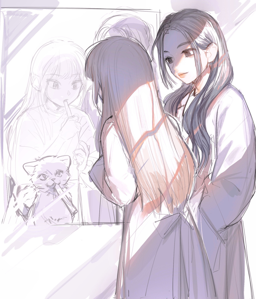 2girls, animification, brown_eyes, brushing_teeth, cat, confused, grey_robe, hair_behind_ear