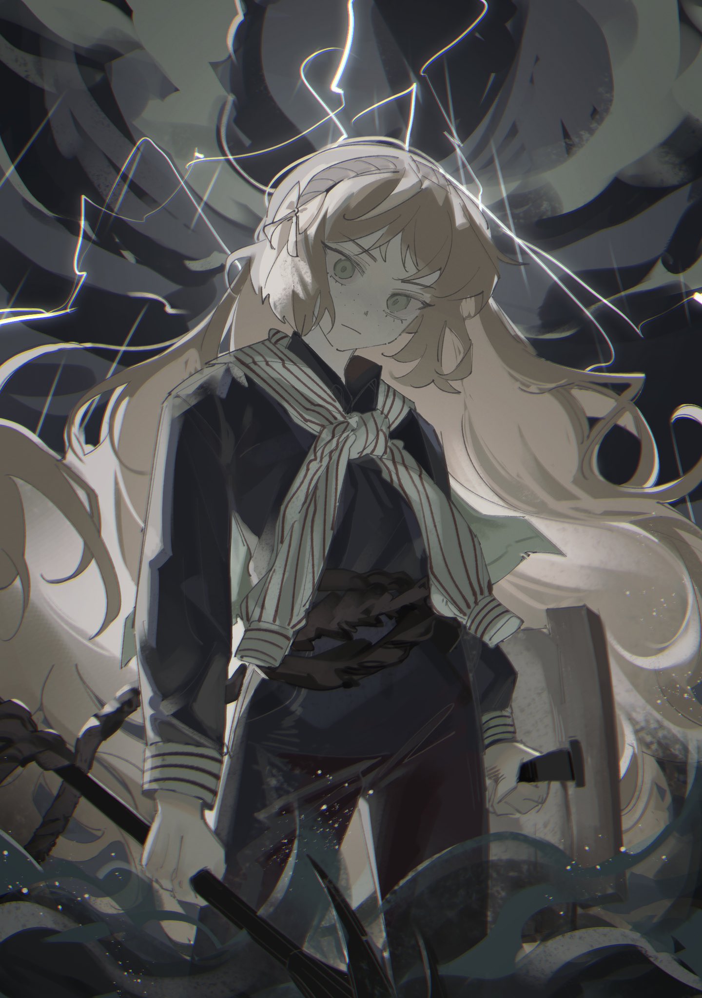 1girl, anchor, blue_pants, blue_shirt, bow, empty_eyes, eventhorizon_d, expressionless