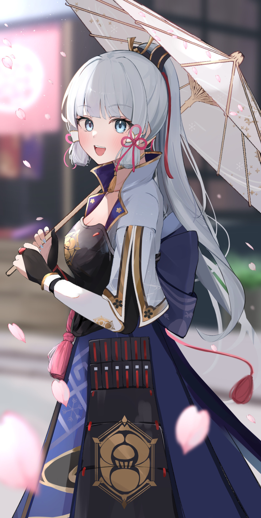 1girl, absurdres, armor, blue_hair, blunt_bangs, blunt_tresses, blurry, breasts