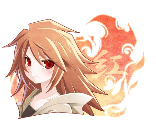 1girl, bandeau, duel_monster, fire, hiita_(yu-gi-oh!), hiita_the_fire_charmer, hitohautsu, hood, hood_down, light_blush, long_hair, lowres, orange_hair, portrait, red_eyes, solo, white_background, yu-gi-oh!