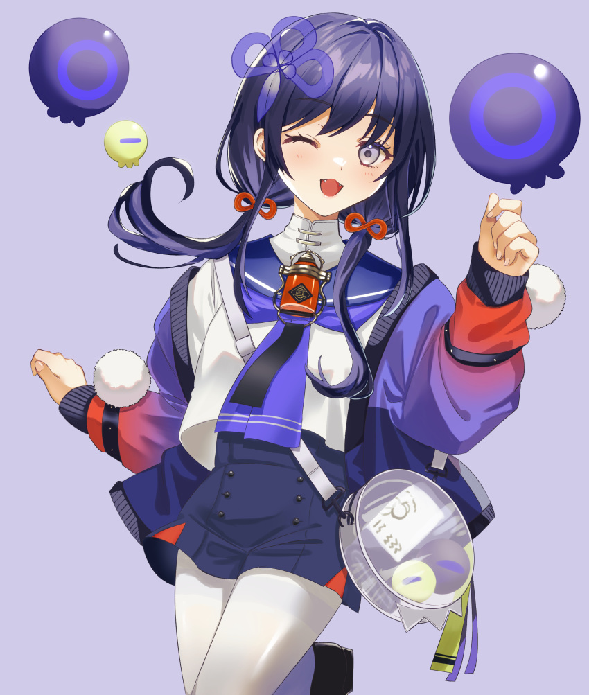 1girl, ;d, absurdres, blue_background, blue_hair, blue_jacket, blue_sailor_collar, blue_shorts