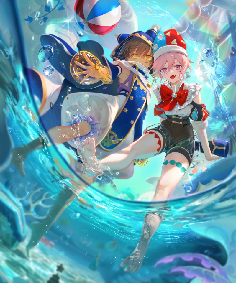 2boys, ball, barefoot, beachball, blue_coat, bow, bowtie, brown_hair, coat, coral, detached_sleeves, from_below, kirby_(series), long_sleeves, looking_at_viewer, magolor, male_focus, marx_(kirby), mi_(mm), multiple_boys, ocean, pants, pink_eyes, pink_hair, puffy_detached_sleeves, puffy_pants, puffy_short_sleeves, puffy_sleeves, red_bow, red_bowtie, shirt, short_sleeves, smile, wading, water, white_pants, white_shirt, yellow_eyes