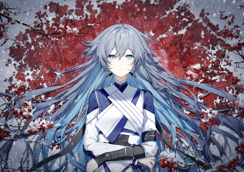 1girl, absurdres, artist_name, blue_eyes, branch, breasts, chinese_clothes, chinese_commentary, closed_mouth, fu_hua, fu_hua_(azure_empyrea), fu_hua_(taixuan_impression), grey_hair, hair_between_eyes, highres, honkai_(series), honkai_impact_3rd, long_hair, long_sleeves, looking_at_viewer, lying, saya_atang, small_breasts, snow, solo, very_long_hair, white_sleeves